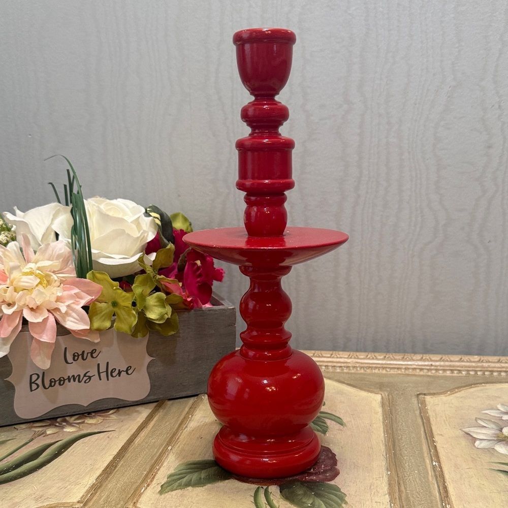 Vintage 70s Red Wooden Turned Sculptural Candle Holder Bobbin Bulbous MCM